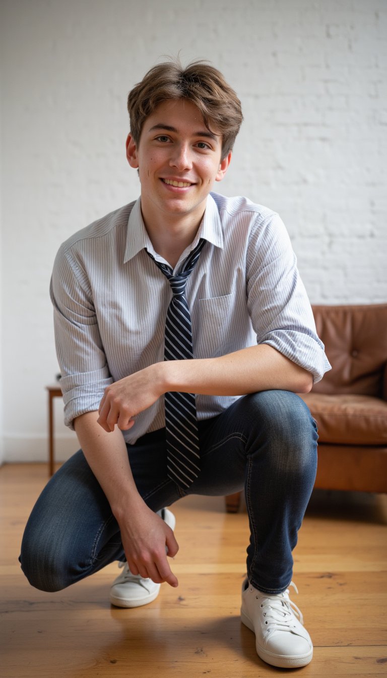 A detailed portrait of a happy young man with fair skin,  His face is dotted with freckles, moles, and a few tiny skin tags, adding to his unique charm.  His rough skin texture and visible pores enhance the realism. He has soft brown eyes that sparkle with joy and well-defined cheekbones that accentuate his youthful and handsome appearance. His short, tousled light brown hair is styled in a messy, casual fashion, falling effortlessly around his forehead. He wears a light, pinstriped shirt with the sleeves casually rolled up, revealing his forearms. An undone black-and-white striped tie hangs loosely around his neck, completing his relaxed yet stylish look.

He is squatting slightly, his weight balanced on the balls of his feet, conveying a sense of ease and confidence. He wears dark blue jeans that contrast with the lightness of his shirt and white sneakers that add a touch of urban cool. The setting is a modern loft with a white painted brick wall and a warm, honey-colored hardwood floor that gleams softly under the light of a large window. A worn, leather armchair sits slightly behind him to the right, adding depth and context to the scene.  The camera angle is slightly low, capturing the subject from a dynamic perspective and emphasizing his relaxed posture. Hasselblad. 