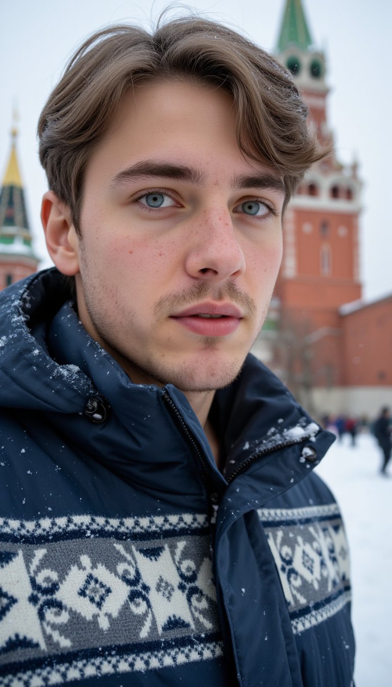 Clip_I: A close-up of a young man with bright, piercing blue eyes and light skin, standing in a snowy cityscape. His hair is a light brown, swept back but slightly windswept, with a few strands falling loosely over his forehead. His hair shows a subtle shine under the soft winter light, with individual strands visible. His face is detailed, showing a light layer of stubble around his chin and jawline, and his skin has a natural texture with visible pores, slight freckles, and a faint blush caused by the cold. His eyebrows are thick and slightly furrowed, giving him a focused, contemplative expression. His lips are slightly parted, and the cold has turned them a light shade of pink. His winter coat is dark blue, with intricate gray and white Nordic-style patterns along the chest and arms. Snowflakes rest on his coat and in his hair, melting slightly, while some stick to the rough fabric. The fabric of the coat appears insulated, with a padded texture, while the knitted patterns add a cozy feel. Behind him, the blurred silhouette of an ornate, historical building with green domes and golden spires provides depth, while soft snow continues to fall.

T5: Ultra-realistic close-up shot, with particular attention to the textures of his hair, the roughness of his stubble, and the slight flush on his skin from the cold. His winter coat’s fabric should show subtle wear and texture, with the snowflakes appearing delicate and distinct as they rest on his clothing and hair. Use soft, natural lighting from the overcast sky, highlighting his face while keeping the background softly out of focus, creating depth. The mood is calm and serene, with the cold winter atmosphere enhanced by the visible breath and snow falling in the background. The image should have a shallow depth of field, with the subject sharply in focus while the intricate historical building behind him remains slightly blurred.