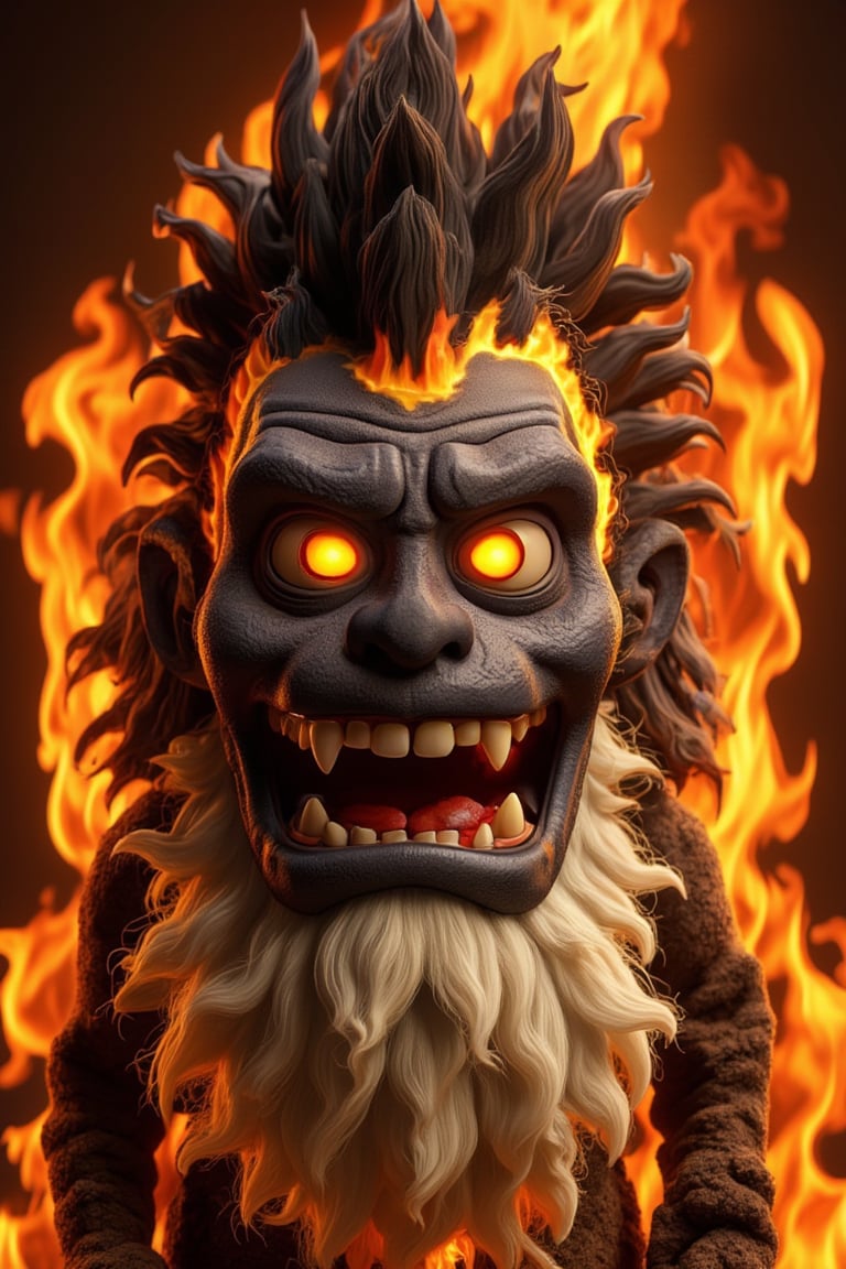 a cartoonish creature with a spiky black mohawk, made of fire, is depicted in a close-up shot. The creature's face is adorned with glowing yellow eyes and a white beard made of fire. Its mouth is wide open, revealing sharp teeth. Its eyes are a piercing yellow, adding a pop of color to the scene. The background is a vibrant orange, creating a striking contrast to the creature's head. The scene is set against a dark backdrop, with bright orange flames surrounding the creature.