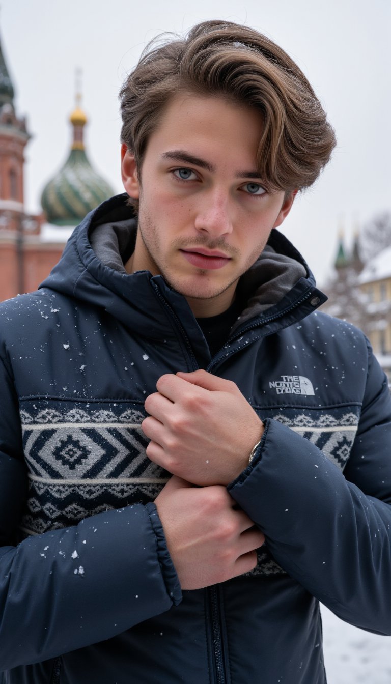 Clip_I: A young man with bright, piercing blue eyes and light skin stands outdoors in a snowy cityscape, actively adjusting his dark winter coat. His body is slightly turned as he lifts one arm to zip up the coat, pulling it snugly against his chest, revealing his muscular build beneath the layers. His light brown hair, swept back but slightly tousled from the wind, moves with his motion, and a few strands fall loosely over his forehead. His hair has a subtle shine under the soft winter light, with individual strands visible. His face shows a light layer of stubble around his chin and jawline, with natural skin textures like visible pores, faint freckles, and a blush from the cold. His brows are furrowed with focus, and his lips press slightly together as he concentrates on fastening the coat. The dark blue coat features intricate gray and white Nordic-style patterns along the chest and arms. Snowflakes cling to his coat and hair, while some melt slightly from his motion. The fabric of his coat appears insulated and textured, with snow continuing to fall lightly around him. Behind him, the blurred silhouette of an ornate historical building with green domes and golden spires creates depth.

T5: Ultra-realistic close-up shot, focusing on the motion of him zipping up his coat, with the textures of his hair moving in the wind and the slight flush on his skin from the cold. Snowflakes should rest on his jacket and hair, creating a dynamic feel as some fall off with his motion. Soft, natural lighting from the overcast sky highlights his face and hands, while the background remains blurred, emphasizing the subject. The image should have a shallow depth of field, with the focus on his active gesture and the falling snow creating a sense of movement in the scene.