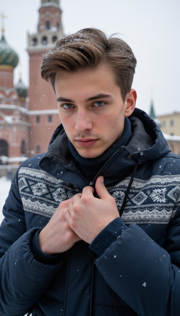 Clip_I: A young man with bright, piercing blue eyes and light skin stands outdoors in a snowy cityscape, actively adjusting his dark winter coat. His body is slightly turned as he lifts one arm to zip up the coat, pulling it snugly against his chest, revealing his muscular build beneath the layers. His light brown hair, swept back but slightly tousled from the wind, moves with his motion, and a few strands fall loosely over his forehead. His hair has a subtle shine under the soft winter light, with individual strands visible. His face shows a light layer of stubble around his chin and jawline, with natural skin textures like visible pores, faint freckles, and a blush from the cold. His brows are furrowed with focus, and his lips press slightly together as he concentrates on fastening the coat. The dark blue coat features intricate gray and white Nordic-style patterns along the chest and arms. Snowflakes cling to his coat and hair, while some melt slightly from his motion. The fabric of his coat appears insulated and textured, with snow continuing to fall lightly around him. Behind him, the blurred silhouette of an ornate historical building with green domes and golden spires creates depth.

T5: Ultra-realistic close-up shot, focusing on the motion of him zipping up his coat, with the textures of his hair moving in the wind and the slight flush on his skin from the cold. Snowflakes should rest on his jacket and hair, creating a dynamic feel as some fall off with his motion. Soft, natural lighting from the overcast sky highlights his face and hands, while the background remains blurred, emphasizing the subject. The image should have a shallow depth of field, with the focus on his active gesture and the falling snow creating a sense of movement in the scene.