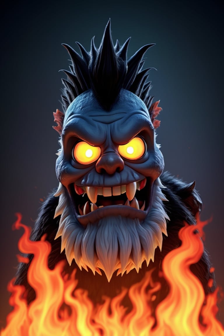 a cartoonish creature with a spiky black mohawk is depicted in a close-up shot. The creature's face is adorned with glowing yellow eyes and a white beard. Its mouth is wide open, revealing sharp teeth. Its eyes are a piercing yellow, adding a pop of color to the scene. The background is a vibrant orange, creating a striking contrast to the creature's head. The scene is set against a dark backdrop, with bright orange flames surrounding the creature.