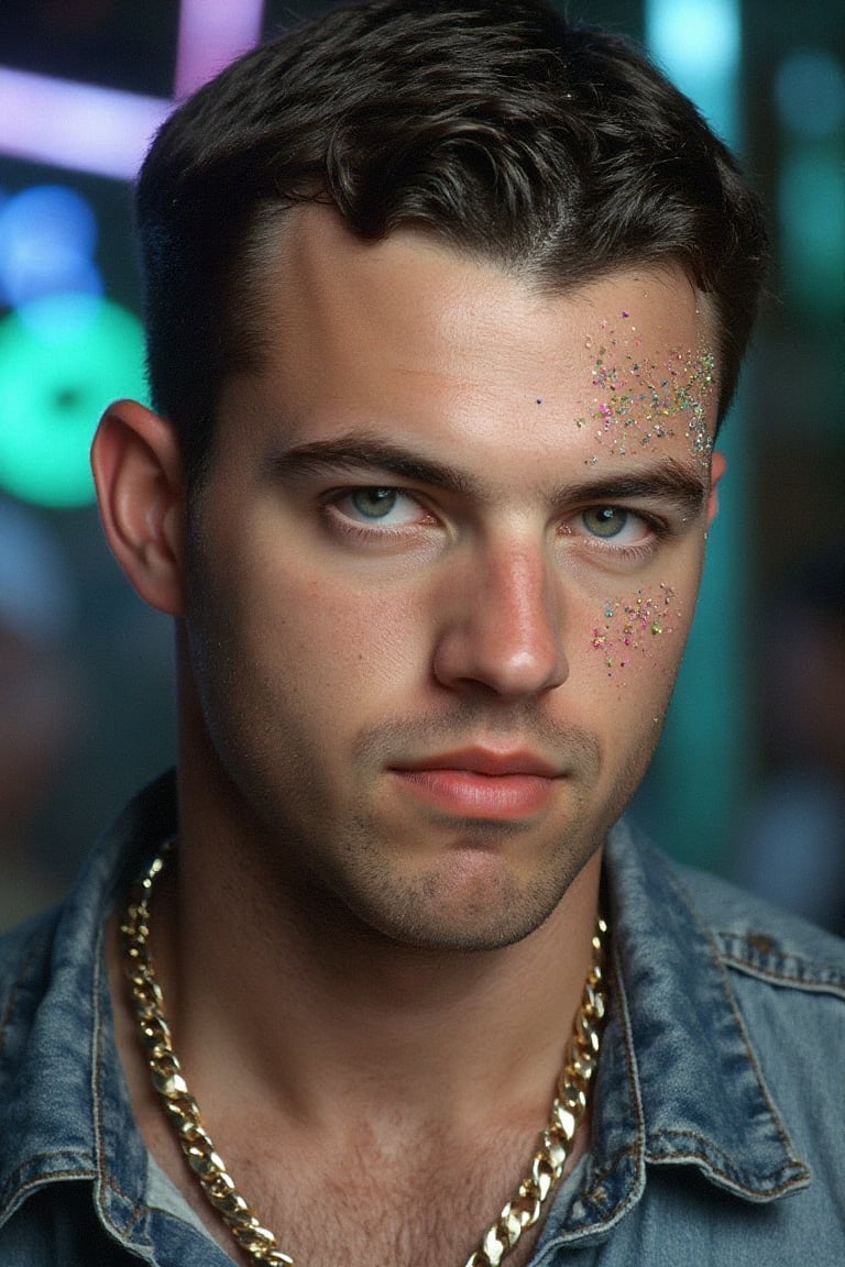A highly detailed,  photorealistic digital image of a strikingly handsome young man with an intense gaze,  set against a d...