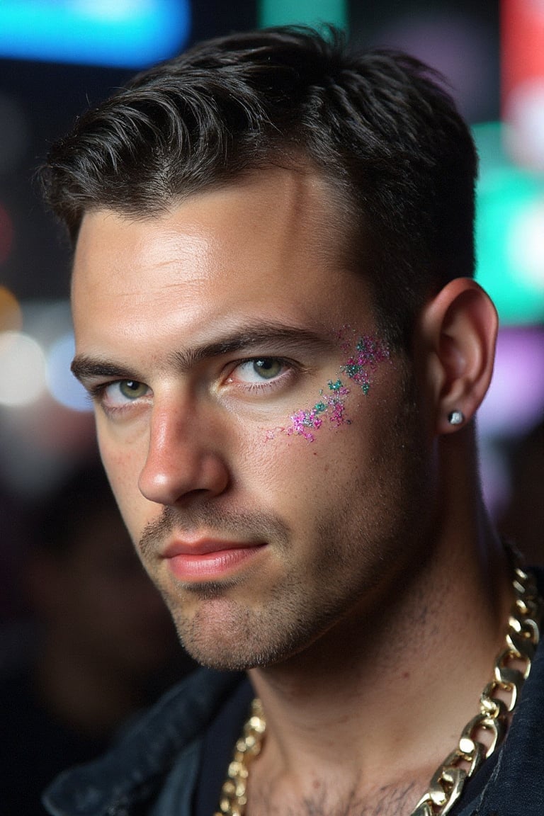 A highly detailed,  photorealistic digital image of a strikingly handsome young man with an intense gaze,  set against a d...
