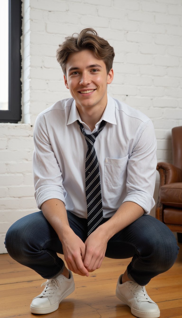 A detailed portrait of a happy young man with fair skin,  His face is dotted with freckles, moles, and a few tiny skin tags, adding to his unique charm.  His rough skin texture and visible pores enhance the realism. He has soft brown eyes that sparkle with joy and well-defined cheekbones that accentuate his youthful and handsome appearance. His short, tousled light brown hair is styled in a messy, casual fashion, falling effortlessly around his forehead. He wears a light, pinstriped shirt with the sleeves casually rolled up, revealing his forearms. An undone black-and-white striped tie hangs loosely around his neck, completing his relaxed yet stylish look.

He is squatting slightly, his weight balanced on the balls of his feet, conveying a sense of ease and confidence. He wears dark blue jeans that contrast with the lightness of his shirt and white sneakers that add a touch of urban cool. The setting is a modern loft with a white painted brick wall and a warm, honey-colored hardwood floor that gleams softly under the light of a large window. A worn, leather armchair sits slightly behind him to the right, adding depth and context to the scene.  The camera angle is slightly low, capturing the subject from a dynamic perspective and emphasizing his relaxed posture. Hasselblad. 