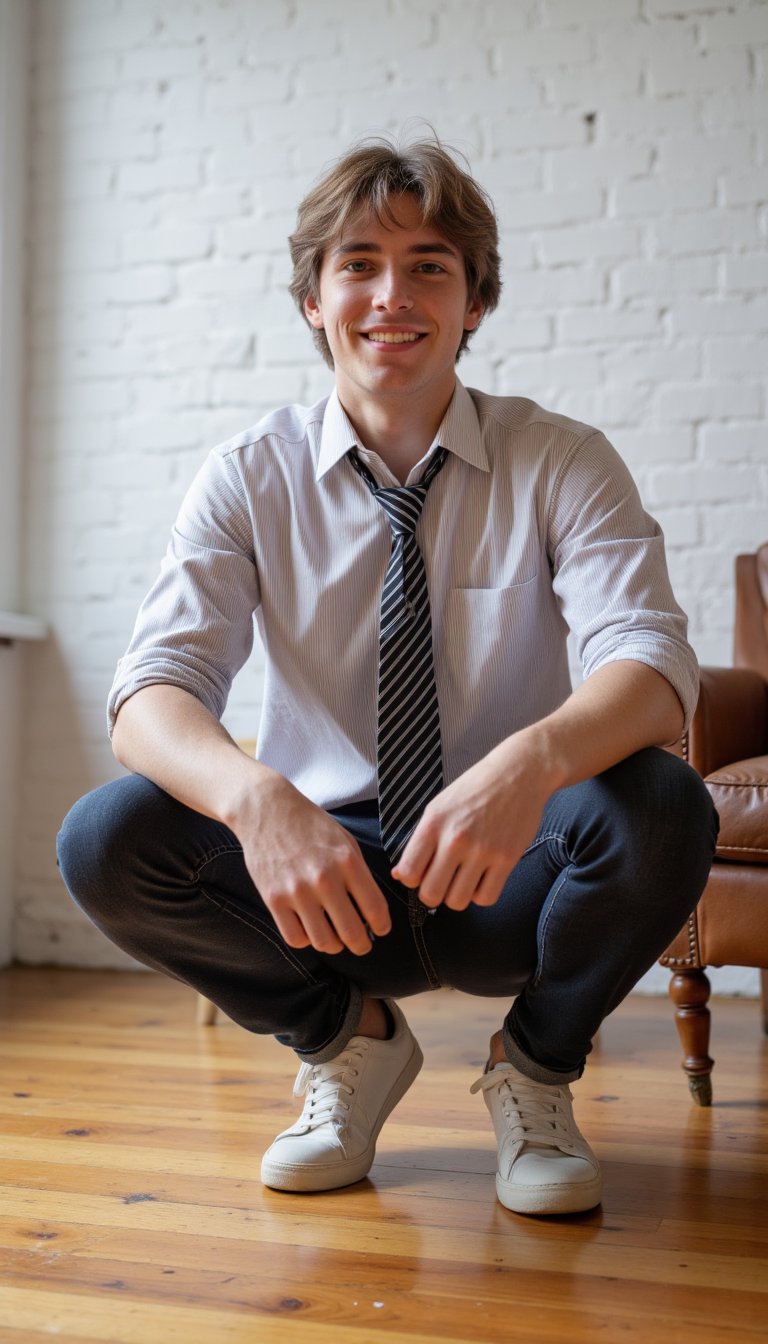 A detailed portrait of a happy young man with fair skin,  His face is dotted with freckles, moles, and a few tiny skin tags, adding to his unique charm.  His rough skin texture and visible pores enhance the realism. He has soft brown eyes that sparkle with joy and well-defined cheekbones that accentuate his youthful and handsome appearance. His short, tousled light brown hair is styled in a messy, casual fashion, falling effortlessly around his forehead. He wears a light, pinstriped shirt with the sleeves casually rolled up, revealing his forearms. An undone black-and-white striped tie hangs loosely around his neck, completing his relaxed yet stylish look.

He is squatting slightly, his weight balanced on the balls of his feet, conveying a sense of ease and confidence. He wears dark blue jeans that contrast with the lightness of his shirt and white sneakers that add a touch of urban cool. The setting is a modern loft with a white painted brick wall and a warm, honey-colored hardwood floor that gleams softly under the light of a large window. A worn, leather armchair sits slightly behind him to the right, adding depth and context to the scene.  The camera angle is slightly low, capturing the subject from a dynamic perspective and emphasizing his relaxed posture. Hasselblad. 