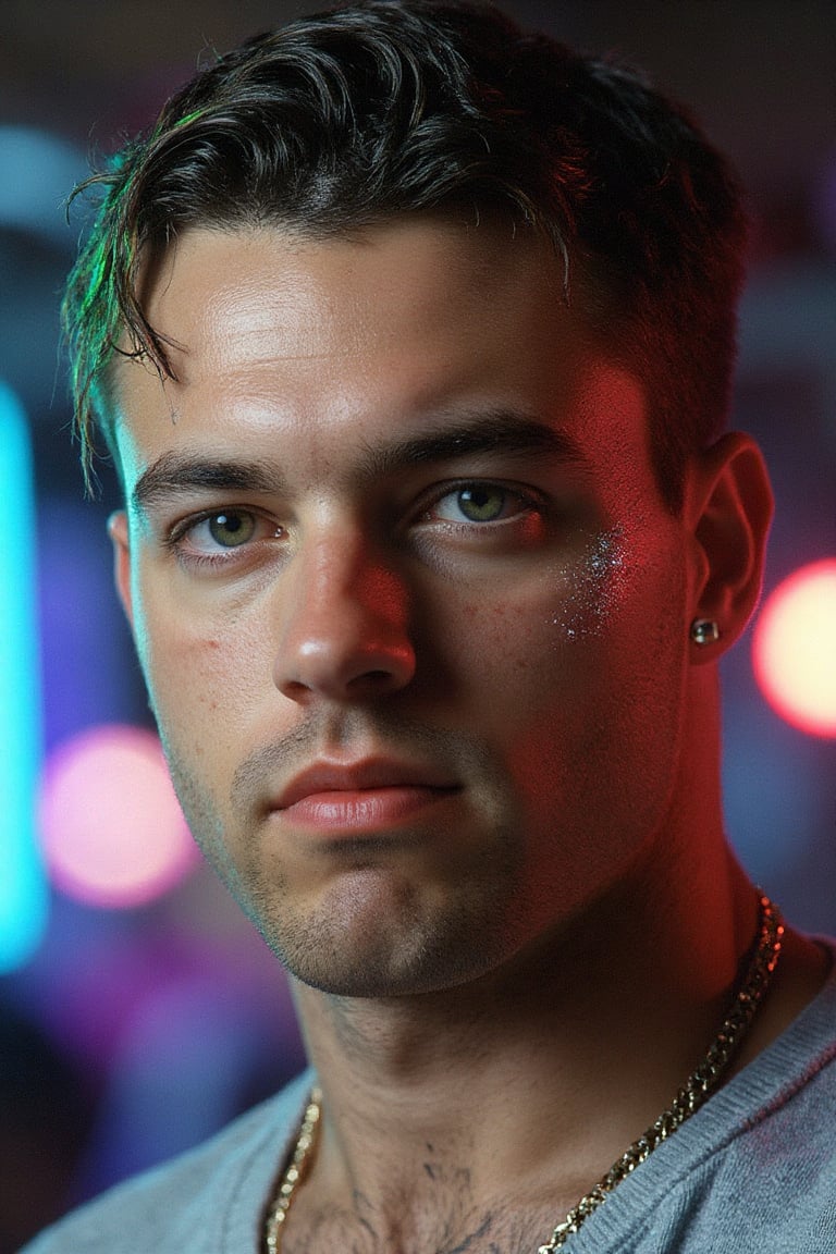 A highly detailed,  photorealistic digital image of a strikingly handsome young man with an intense gaze,  set against a d...