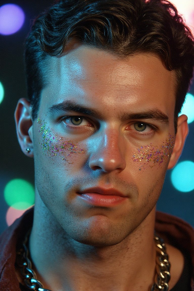 A highly detailed,  photorealistic digital image of a strikingly handsome young man with an intense gaze,  set against a d...