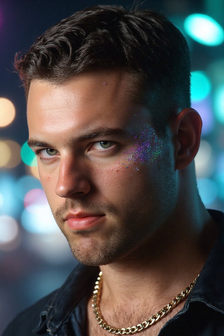 A highly detailed,  photorealistic digital image of a strikingly handsome young man with an intense gaze,  set against a d...