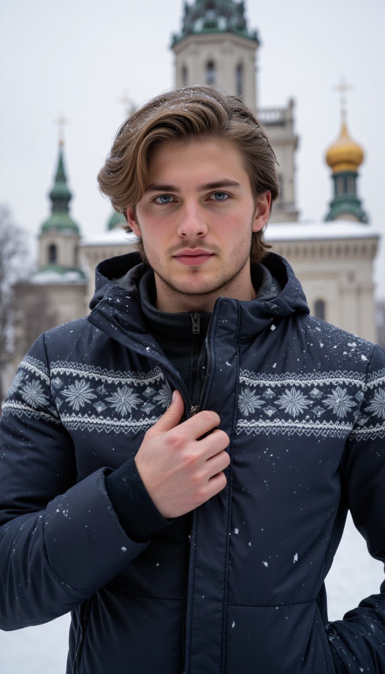 Clip_I: A young man with bright, piercing blue eyes and light skin stands outdoors in a snowy cityscape, actively adjusting his dark winter coat. His body is slightly turned as he lifts one arm to zip up the coat, pulling it snugly against his chest, revealing his muscular build beneath the layers. His light brown hair, swept back but slightly tousled from the wind, moves with his motion, and a few strands fall loosely over his forehead. His hair has a subtle shine under the soft winter light, with individual strands visible. His face shows a light layer of stubble around his chin and jawline, with natural skin textures like visible pores, faint freckles, and a blush from the cold. His brows are furrowed with focus, and his lips press slightly together as he concentrates on fastening the coat. The dark blue coat features intricate gray and white Nordic-style patterns along the chest and arms. Snowflakes cling to his coat and hair, while some melt slightly from his motion. The fabric of his coat appears insulated and textured, with snow continuing to fall lightly around him. Behind him, the blurred silhouette of an ornate historical building with green domes and golden spires creates depth.

T5: Ultra-realistic close-up shot, focusing on the motion of him zipping up his coat, with the textures of his hair moving in the wind and the slight flush on his skin from the cold. Snowflakes should rest on his jacket and hair, creating a dynamic feel as some fall off with his motion. Soft, natural lighting from the overcast sky highlights his face and hands, while the background remains blurred, emphasizing the subject. The image should have a shallow depth of field, with the focus on his active gesture and the falling snow creating a sense of movement in the scene.