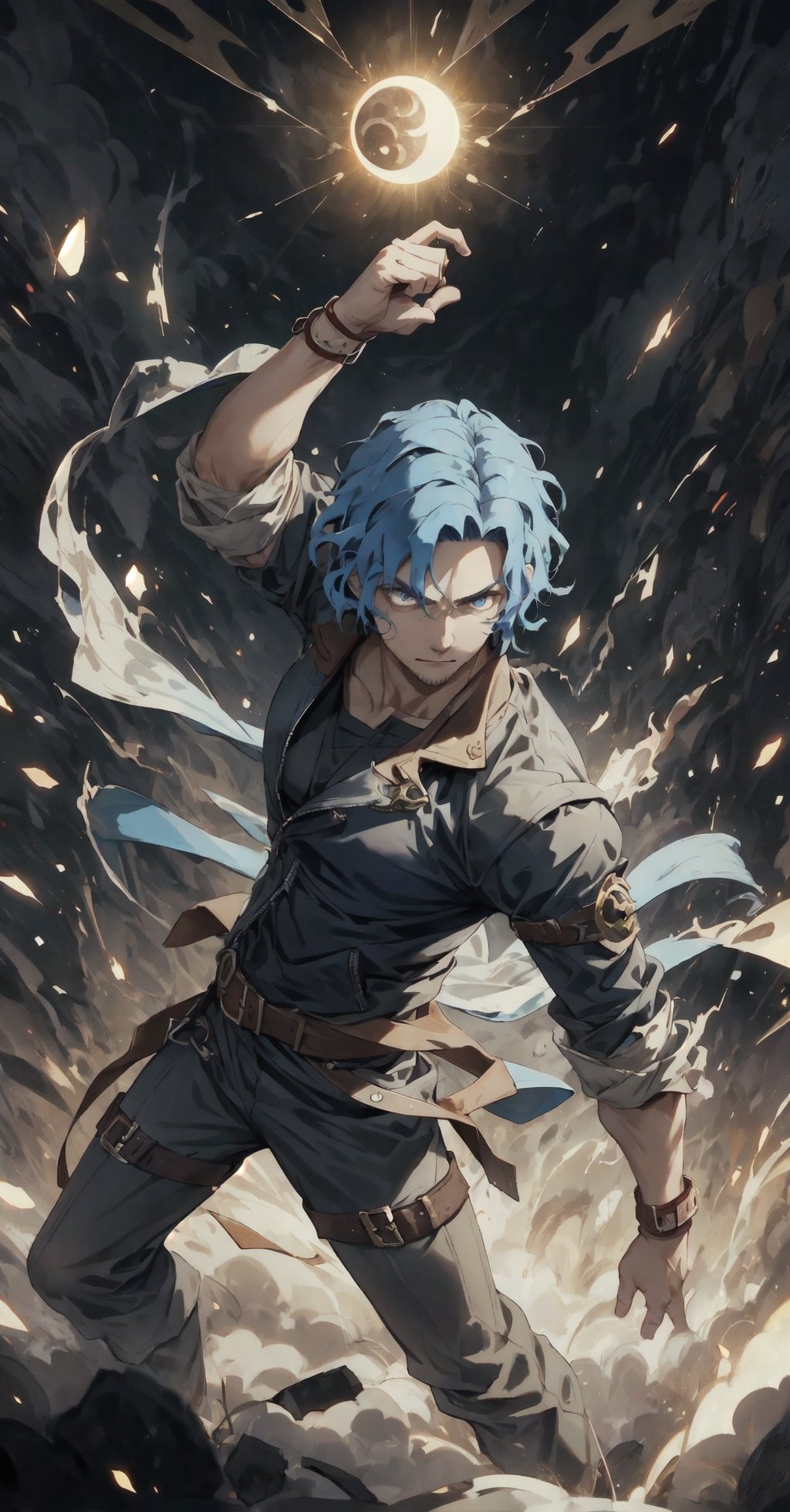 man of incredible beauty, blue hair, wavy hair, blue eyes, a black leather jacket, beige pants, in a combat pose, swordsman, ready to fight, a man of 25 years old, stubble facial hair, a cute boy, muscular, muscular male, It illustrates the overwhelming moment in which the boy, with a movement of his hand, caused a powerful eclipse that plunged the earth into darkness, filling people's hearts with terror. city. mortals. Create a work of art that captures the profound impact of this celestial event and the spiritual connection between man and the mortal realm, using striking imagery, dramatic contrasts and symbolism to convey the fear and reverence inspired by the actions of this ancient deity, overcoming the stampede