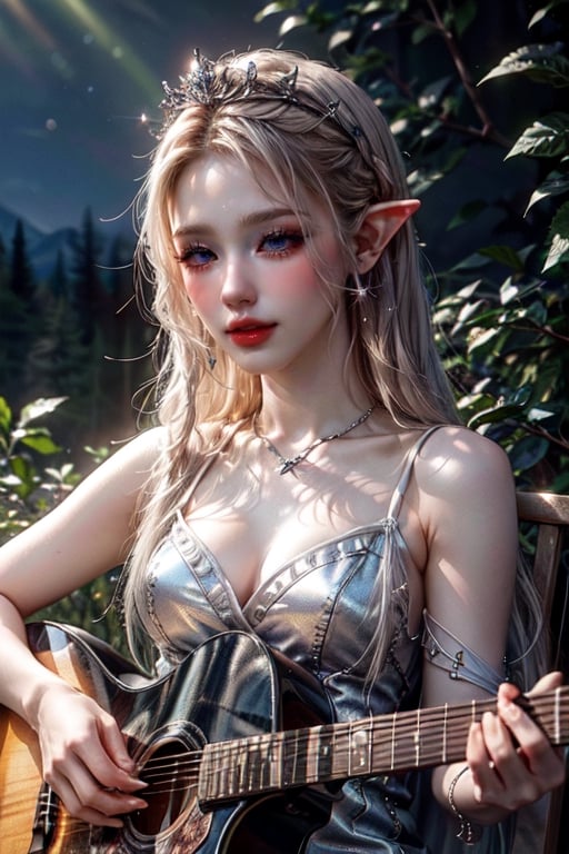 (((masterpiece))),(((long eyelashes and eyelineri))),(((beautiful))),(((ultra realistic))),




the cloud elf queen, playing guitar, acoustic guitar, dark moody lighting, starry sky, snowy mountains and forest, glittering, volumetric lighting, aurora,