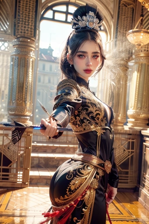 (((masterpiece))),(((sharp eyes))),(((long eyelashes and eyeliner))),(((very beautiful face))),(((face))),((large tits))),(((small waist))), 



wearing embroidery traditional chinse suit,Dynamic Angle,Perspective,realistic,glowing,xuer Embroidered Uniform Guard,1girl,solo focus,holding sword,hat,black hair,gloves,red lips,tassel,blurry background,blurry,lips,upper body,closed mouth,long sleeves,male focus,solo,handsome_girl,lora:绪儿-锦衣卫 xuer Embroidered Uniform Guard:0.8,