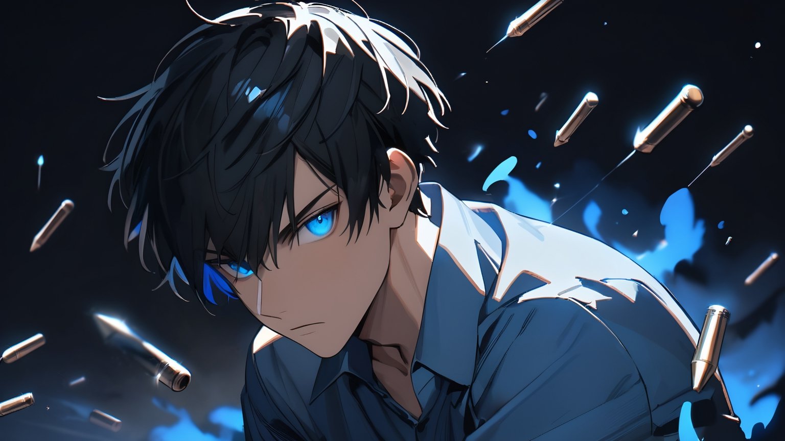 ((masterpiece, best quality, absurdres, very aesthetic)), perfect face, 1boy, male_focus, black hair, short straight hair, wolf haircut, blue eyes, blue shirt, (half body to be seen), looking at viewer, dark background, 8k, illustration,more detail XL, ((falling bullets:1.2)), by redice studio, solo levelling, luminate background, blue magical aura, glowing eyes, ((feathers flying in the air:1.1)), just one boy, solo,boy, 15 year old, bob hire cut, black hair, blue eyes,  Cold looks, criminal looks, carrying a mythical sword, a hired killer