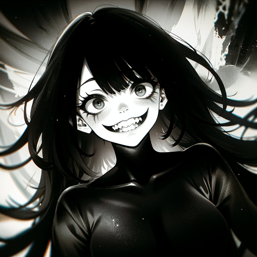 A terrifying, surreal creature with long black hair and hollow eyes, its face stretched into an impossibly wide grin filled with sharp, jagged teeth. The atmosphere is dark and chaotic, with rough brush strokes that give an impression of insanity and horror. The entire image is in grayscale, with intense contrasts to emphasize the creature’s menacing appearance. It appears humanoid but is twisted into something deeply unsettling, evoking a sense of dread and fear.

