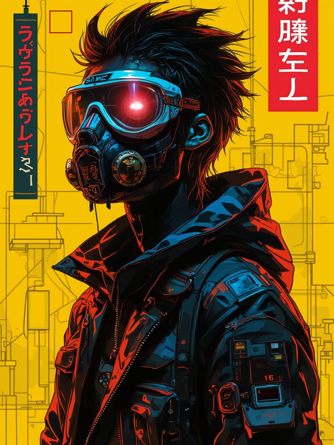 A magazine poster cover with a neo-cyberpunk theme, street-anime art style, featuring a character in a head length view, wearing a high-tech gas mask and cyber goggles, with a vivid yellow background. The background includes abstract geometric shapes and neon signs in Japanese, creating a futuristic urban vibe. Bold and dynamic lighting, with high contrast and neon glow. Created Using: digital art techniques, manga influences, cyberpunk aesthetics, high detail rendering, bold outlines, neon color palette, modern design software, urban street elements, HD quality,Midjourneyart