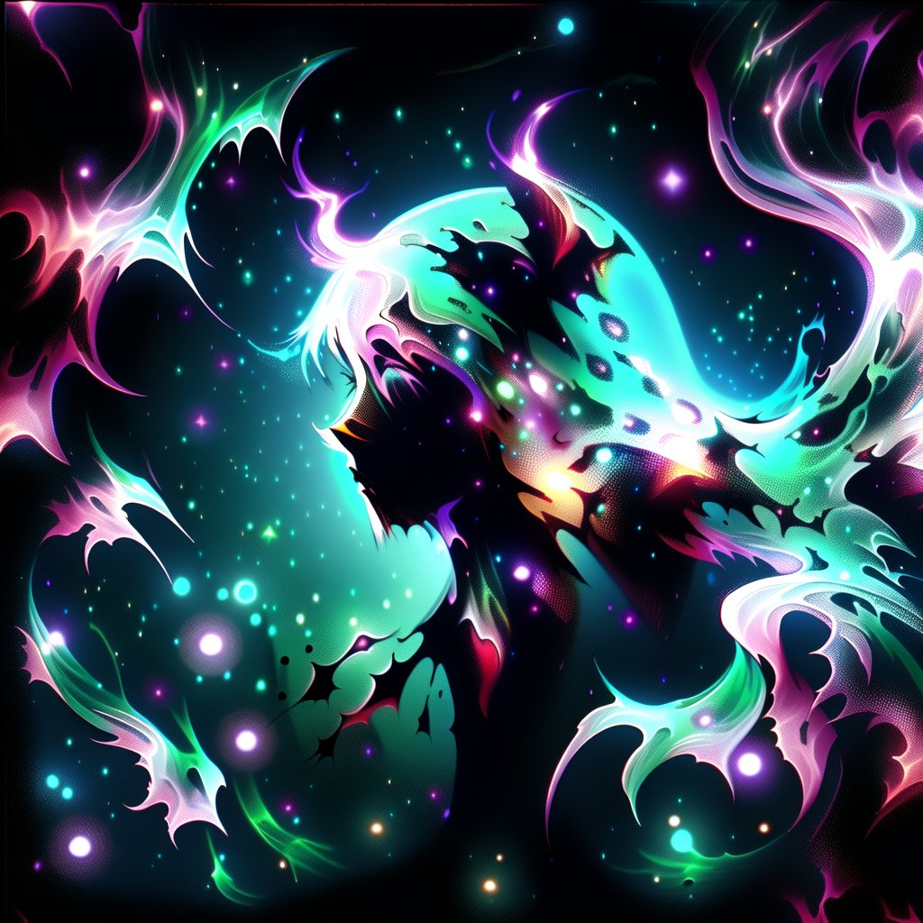 Create a dark, abstract image of a female demon with an intense, mysterious aura. She has glowing violet eyes, curved black horns, and long, flowing hair. Her wings blend into an ominous, shadowy background filled with abstract patterns and ghostly forms. The atmosphere is ethereal and foreboding, with contrasting bright and dark areas giving a sense of depth and danger, emphasizing the demonic figure's powerful presence.