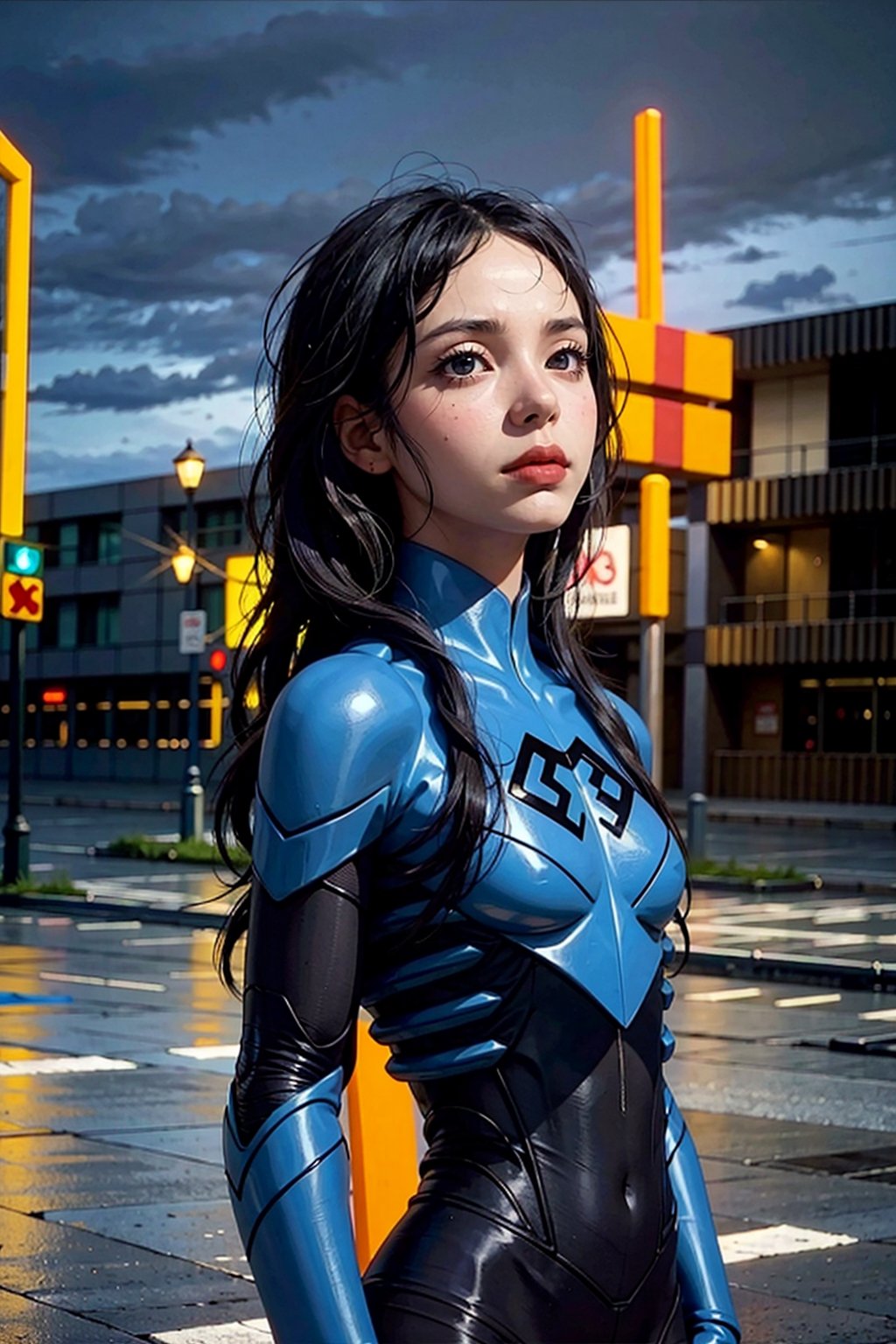 (masterpiece), (cinematic, city lights:1.2), city, overcast, 1girl, black hair, medium hair, wavy hair,Extremely Realistic,Blue_Beetle