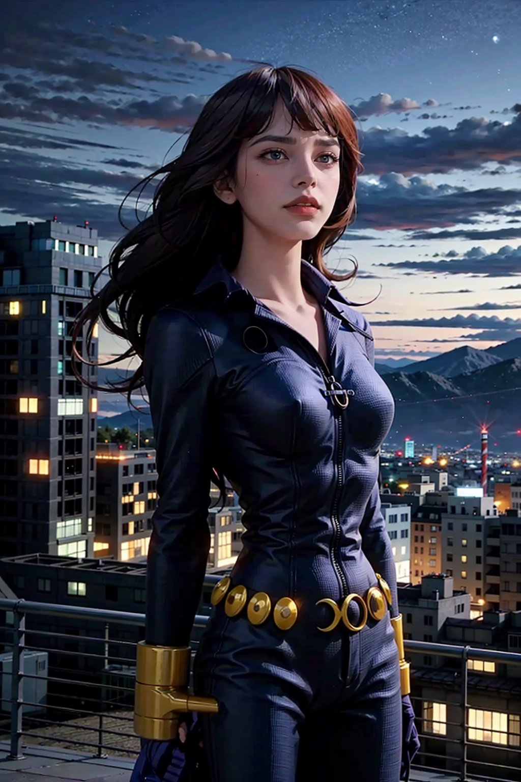 (masterpiece), (cinematic, city lights:1.2), city, overcast, 1girl, black hair, medium hair, wavy hair,Extremely Realistic,blkwidow,blackwidow