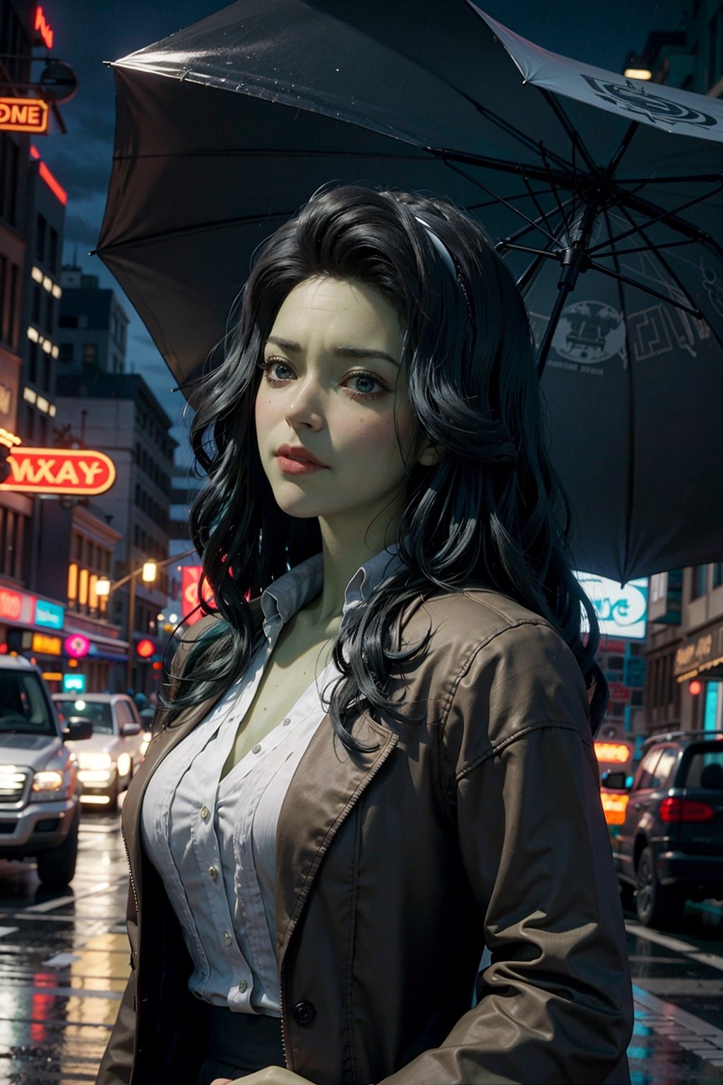 (masterpiece), (cinematic, city lights:1.2), city, overcast, rain, 1girl, black hair, medium hair, wavy hair, umbrella,blkwidow,Extremely Realistic,shehulk