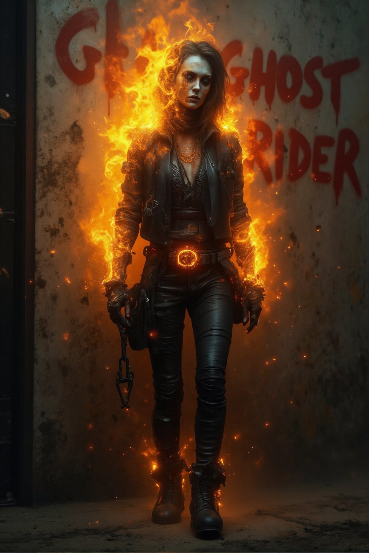 Here's a prompt for an SD image:

A rebellious skeletal figure, engulfed in fiery orange flames, stands defiantly against a concrete wall. Her pale skin contrasts with the intense blaze, while her dark leather ensemble, including a black jacket and tight pants, exudes edgy style. A glowing orange belt buckle and chunky black boots enhance her tough demeanor. She holds a chain in her right hand, adding to her bold, outlaw vibe. The concrete wall behind her features bold red graffiti reading GHOST RIDER, amplifying the scene's intensity. The moody lighting casts dramatic shadows, highlighting the flames and glowing details.