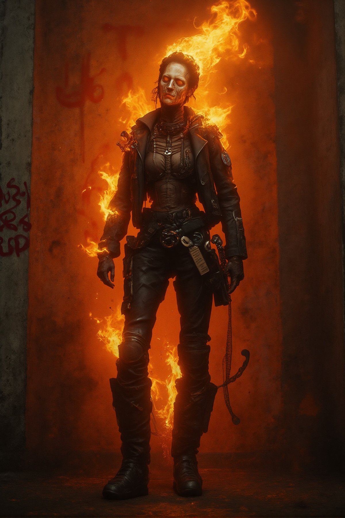 A skeletal female biker, engulfed in fiery flames, stands defiantly against a concrete wall, arm cocked in a rebellious pose. Her pale skin contrasts starkly with the blazing orange hues, as she wears a black leather jacket and tight pants adorned with a glowing buckle. Chunky boots and a chain in her hand complete her edgy look. The background features a bold red graffiti tag GHOST RIDER on a rough concrete wall, surrounded by moody lighting that casts dramatic shadows, highlighting the flames and intense atmosphere.