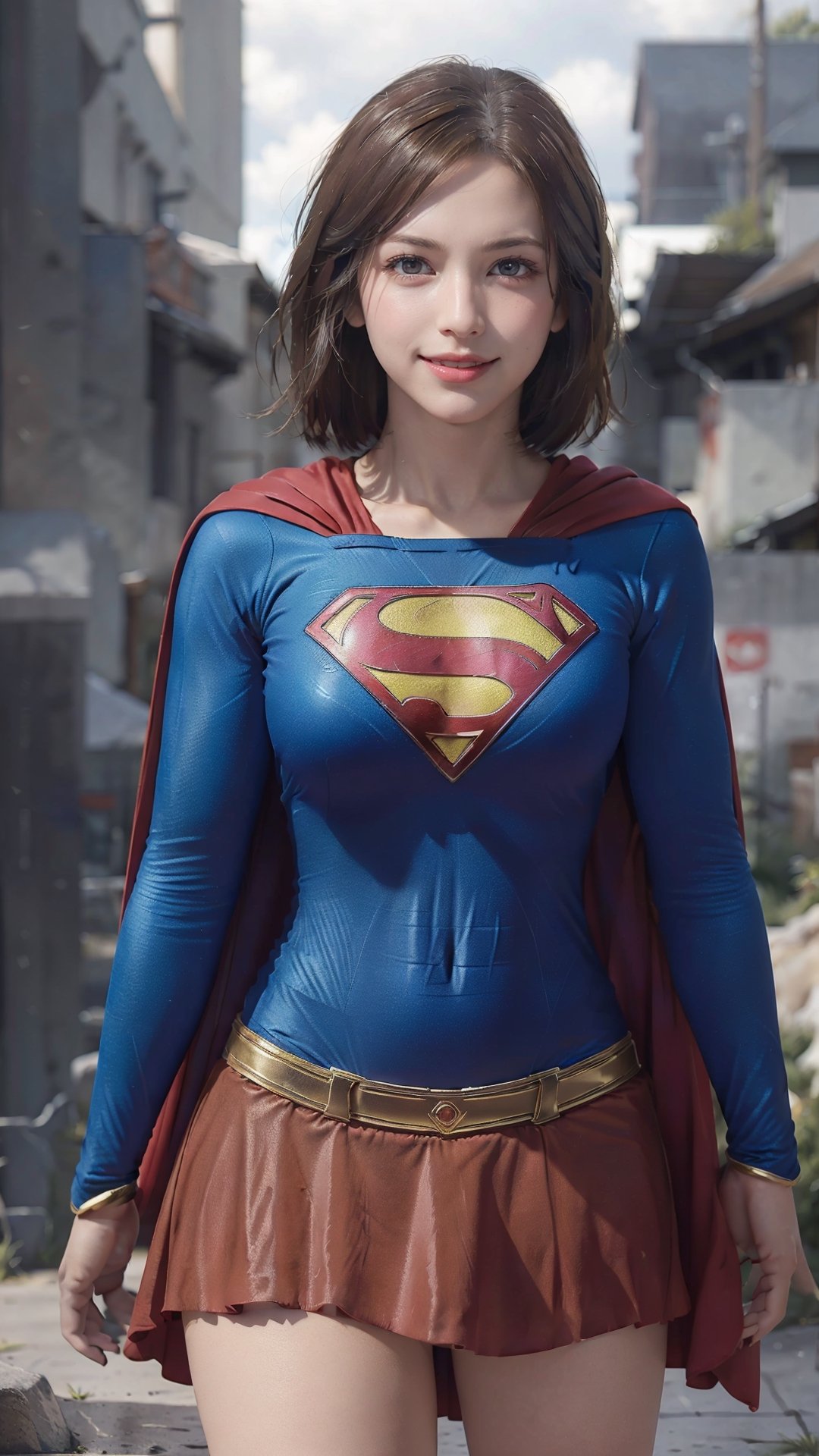 One super female,in superman outfit, full body,red mini skirt,pale_brown_eyes, glowing eyes, ((Brown hair, short hair)), supergirl suit,red miniskirt,Smiling sensually masterpiece, best quality, ultra detailed, (detailed background), perfect shading, high contrast, best illumination, extremely detailed, ray tracing, realistic lighting effects, neon noir illustration, perfect generated hands, ((upper-body_portrait)),  eyeliner, eye shadow:1.3, pale skin:1.4, cape, red cape & long. Background metropolis city, lightning in the distance,wearing supergirl_cosplay_outfit,a woman m111y, long pants, blue body suit, ,aanobara