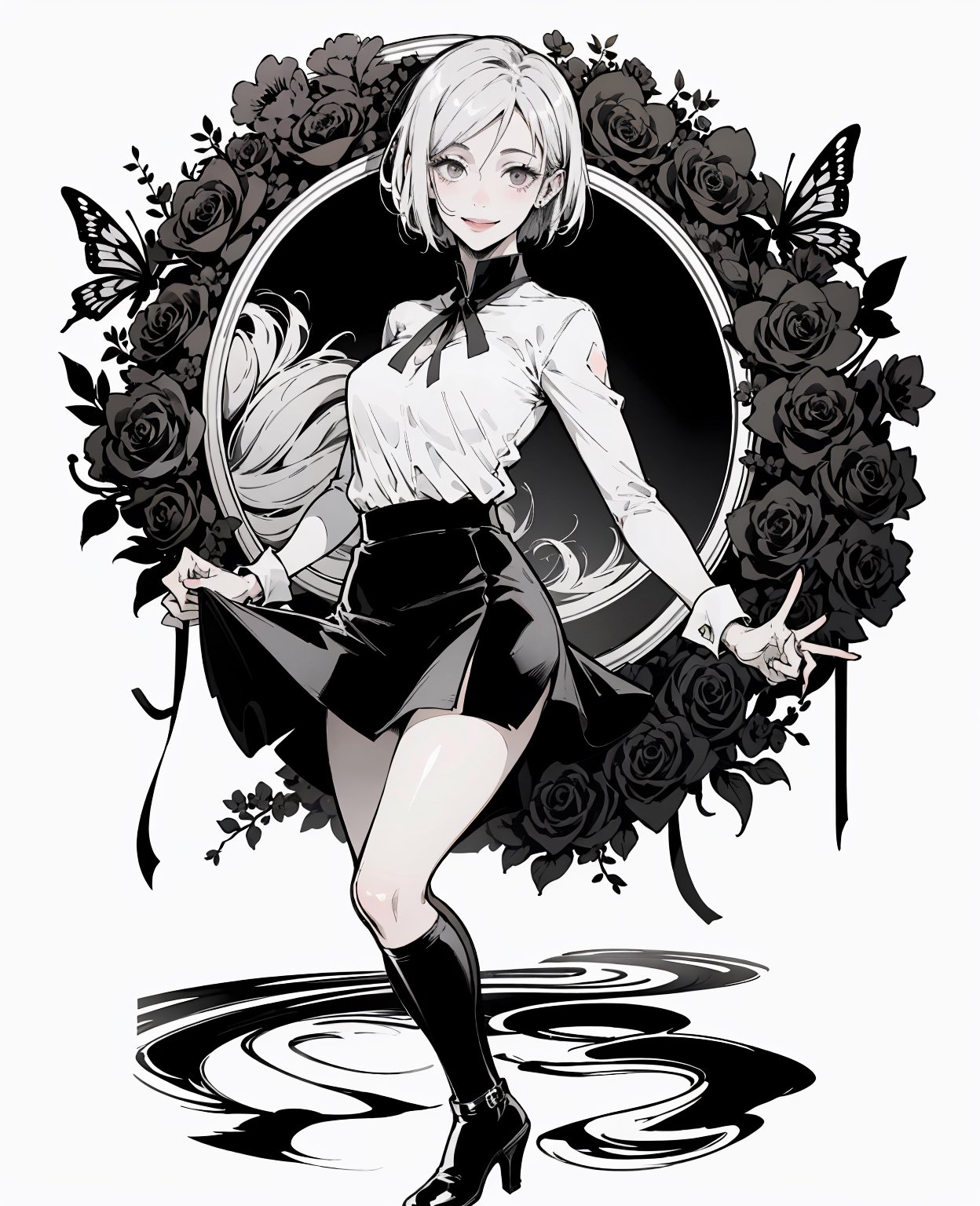 1 girl, 30 years old, model body, full body,black miniskirt, low neckline,smiling sensually, looking at you, very short hair, completely black and white image,line drawing, no color, simple details  
sticker dark arcadia buterfly, flowers, White background, clipart, high resolution, ,nobarajk