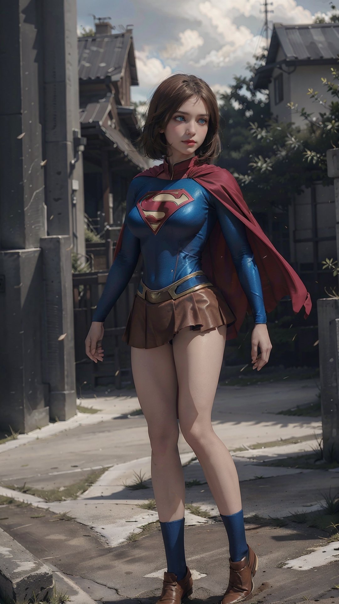 27 years hold, full body,One super female,in superman outfit, full body,red mini skirt,pale_brown_eyes, glowing eyes, ((Brown hair, short hair)), supergirl suit,red miniskirt,Smiling sensually masterpiece, best quality, ultra detailed, (detailed background), perfect shading, high contrast, best illumination, extremely detailed, ray tracing, realistic lighting effects, neon noir illustration, perfect generated hands, ((upper-body_portrait)),  eyeliner, eye shadow:1.3, pale skin:1.4, cape, red cape & long. Background metropolis city, lightning in the distance,wearing supergirl_cosplay_outfit,a woman m111y, long pants, blue body suit, ,aanobara,asian,Nobara, short hair