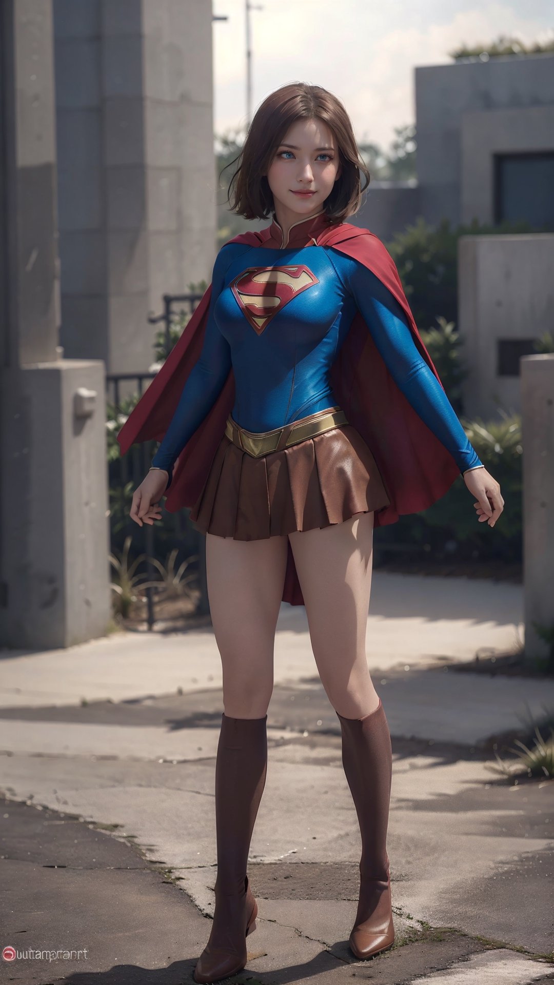 One super female,in superman outfit, full body,red mini skirt,pale_brown_eyes, glowing eyes, ((Brown hair, short hair)), supergirl suit,red miniskirt,Smiling sensually masterpiece, best quality, ultra detailed, (detailed background), perfect shading, high contrast, best illumination, extremely detailed, ray tracing, realistic lighting effects, neon noir illustration, perfect generated hands, ((upper-body_portrait)),  eyeliner, eye shadow:1.3, pale skin:1.4, cape, red cape & long. Background metropolis city, lightning in the distance,wearing supergirl_cosplay_outfit,a woman m111y, long pants, blue body suit, ,aanobara