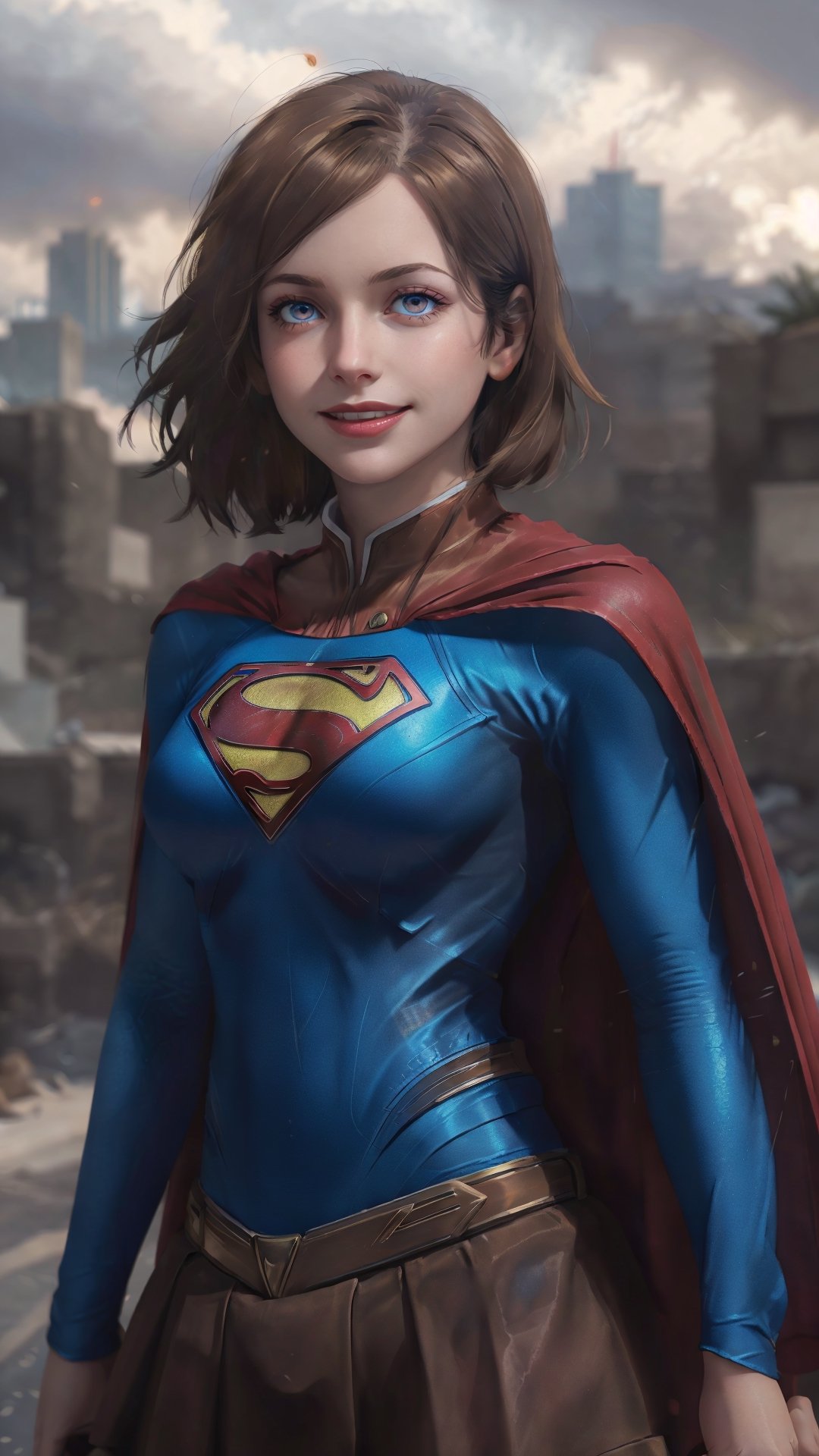 One super female,in superman outfit, full body,red mini skirt,pale_brown_eyes, glowing eyes, ((Brown hair, short hair)), supergirl suit,red miniskirt,Smiling sensually masterpiece, best quality, ultra detailed, (detailed background), perfect shading, high contrast, best illumination, extremely detailed, ray tracing, realistic lighting effects, neon noir illustration, perfect generated hands, ((upper-body_portrait)),  eyeliner, eye shadow:1.3, pale skin:1.4, cape, red cape & long. Background metropolis city, lightning in the distance,wearing supergirl_cosplay_outfit,a woman m111y, long pants, blue body suit, ,aanobara,asian