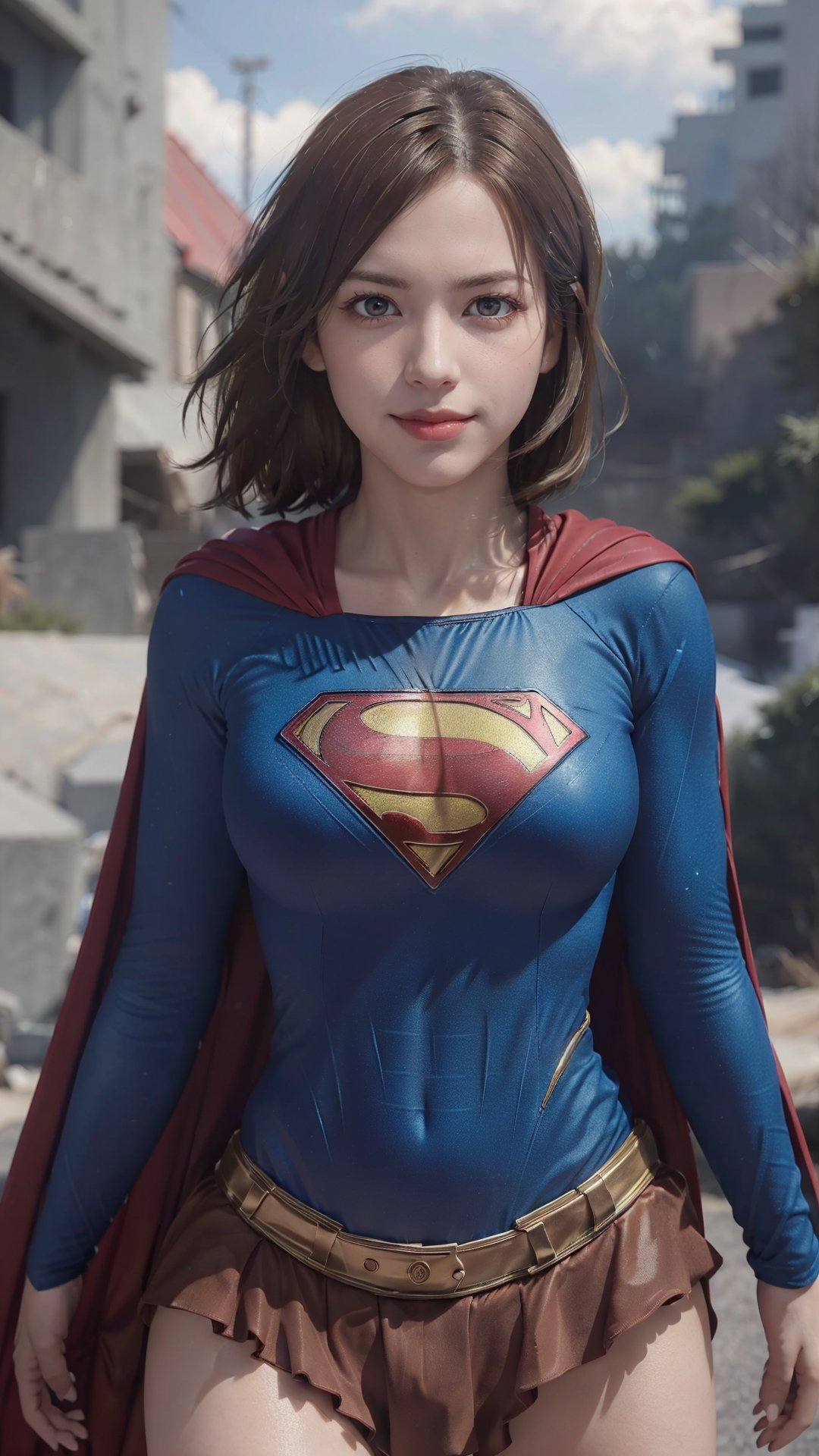 One super female,in superman outfit, full body,red mini skirt,pale_brown_eyes, glowing eyes, ((Brown hair, short hair)), supergirl suit,red miniskirt,Smiling sensually masterpiece, best quality, ultra detailed, (detailed background), perfect shading, high contrast, best illumination, extremely detailed, ray tracing, realistic lighting effects, neon noir illustration, perfect generated hands, ((upper-body_portrait)),  eyeliner, eye shadow:1.3, pale skin:1.4, cape, red cape & long. Background metropolis city, lightning in the distance,wearing supergirl_cosplay_outfit,a woman m111y, long pants, blue body suit, ,aanobara