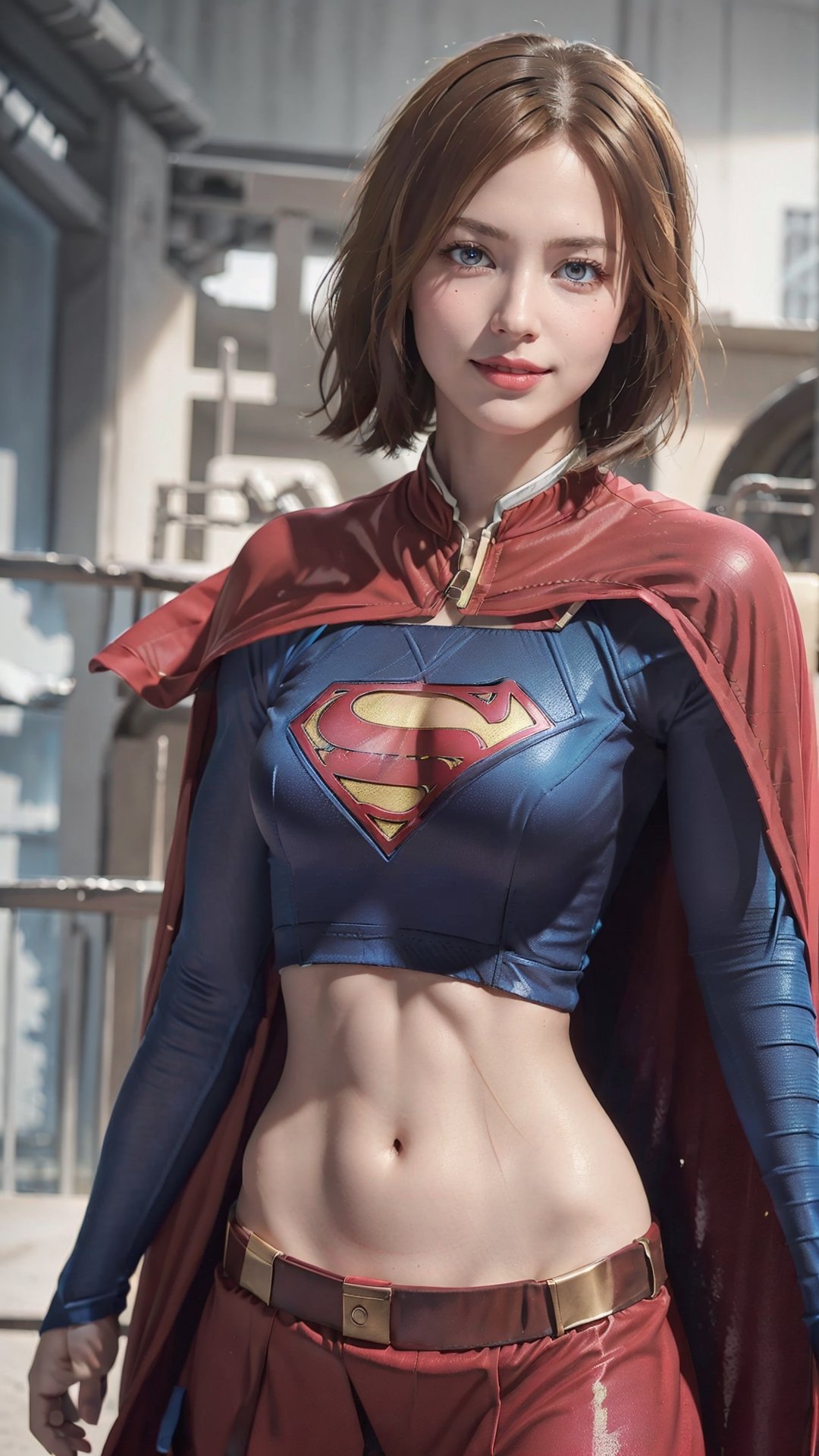 One super female,in superman outfit, full body,red mini skirt,pale_brown_eyes, glowing eyes, ((Brown hair, short hair)), supergirl suit,red miniskirt,Smiling sensually masterpiece, best quality, ultra detailed, (detailed background), perfect shading, high contrast, best illumination, extremely detailed, ray tracing, realistic lighting effects, neon noir illustration, perfect generated hands, ((upper-body_portrait)),  eyeliner, eye shadow:1.3, pale skin:1.4, cape, red cape & long. Background metropolis city, lightning in the distance,wearing supergirl_cosplay_outfit,a woman m111y, long pants, blue body suit, ,aanobara,nobara kugisaki