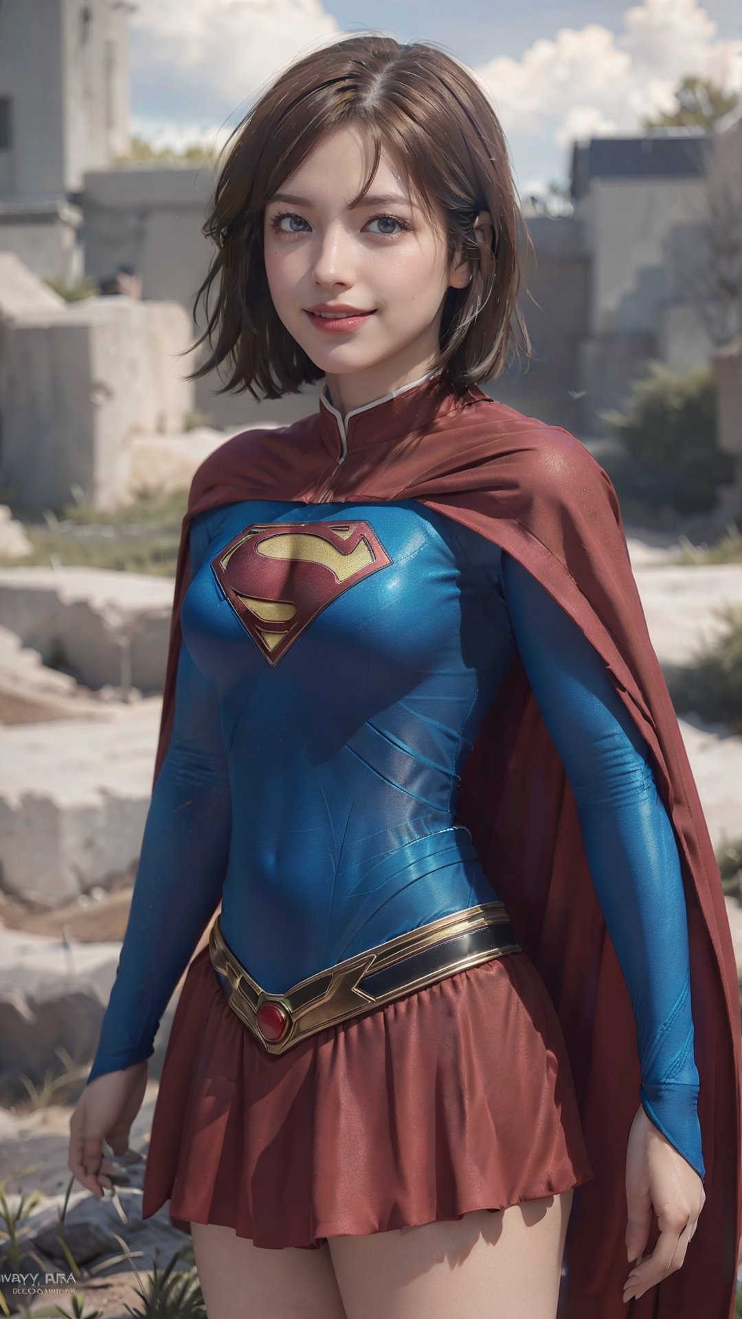 One super female,in superman outfit, full body,red mini skirt,pale_brown_eyes, glowing eyes, ((Brown hair, short hair)), supergirl suit,red miniskirt,Smiling sensually masterpiece, best quality, ultra detailed, (detailed background), perfect shading, high contrast, best illumination, extremely detailed, ray tracing, realistic lighting effects, neon noir illustration, perfect generated hands, ((upper-body_portrait)),  eyeliner, eye shadow:1.3, pale skin:1.4, cape, red cape & long. Background metropolis city, lightning in the distance,wearing supergirl_cosplay_outfit,a woman m111y, long pants, blue body suit, ,aanobara