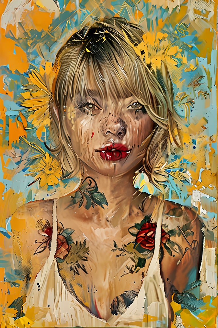 A full body image of a woman with a hyperrealistic style, showcasing an elaborate body tattoo design. The skin should be tattooed in shades of yellow, red and blue patterns of Japanese tattoo style floral designs.  The lips are a vibrant red, her eyes are vibrant blue green. The figure's short blonde hair is tousled, enhancing the fantastical element. The image should blend the precision of hyperrealism with the creativity of fantasy body art.