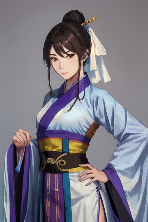 sanguozhi, 1girl, solo, hanfu, chinese clothes,  looking at viewer, holding, brown hair, hand on hip, wide sleeves, long sleeves, sheath, 