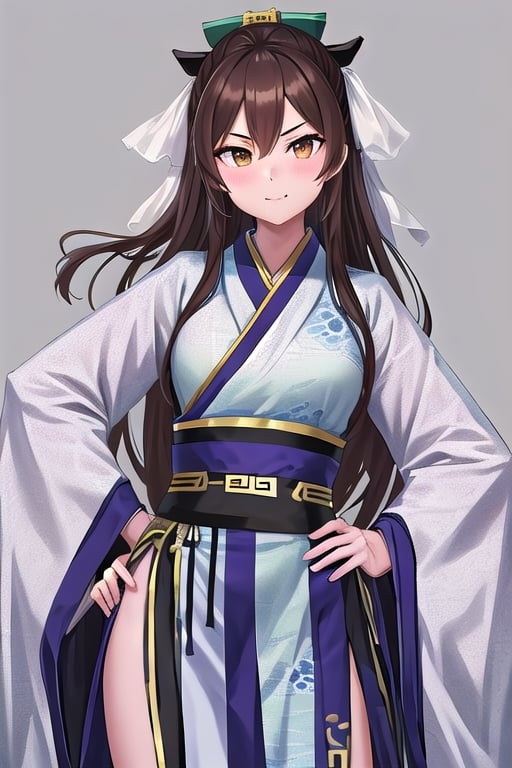 sanguozhi, 1girl, solo, hanfu, chinese clothes, mustache, looking at viewer, holding, brown hair, hand on hip, wide sleeves, long sleeves, sheath