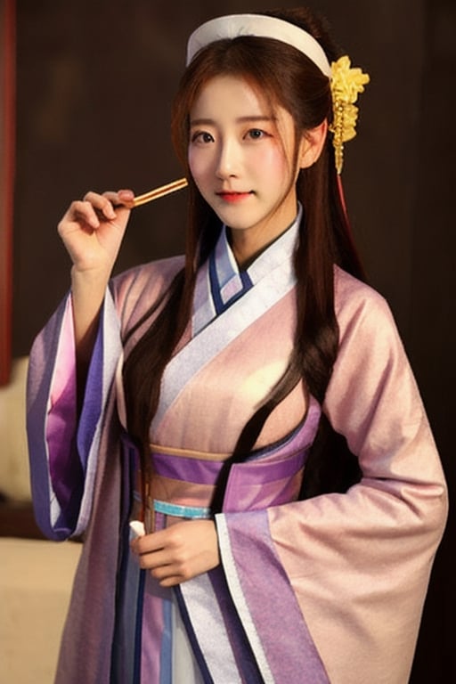 sanguozhi, 1girl, solo, hanfu, chinese clothes, mustache, looking at viewer, holding, brown hair, hand on hip, wide sleeves, long sleeves, sheath, 