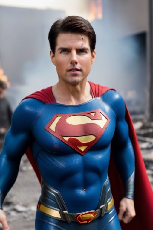 Tom Cruise's muscular body is dressed in a Superman costume for the movie. The camera zooms out to show Superman blowing cold air from his mouth to extinguish the fire at the fire scene. Highly realistic, facing the fire, surreal,