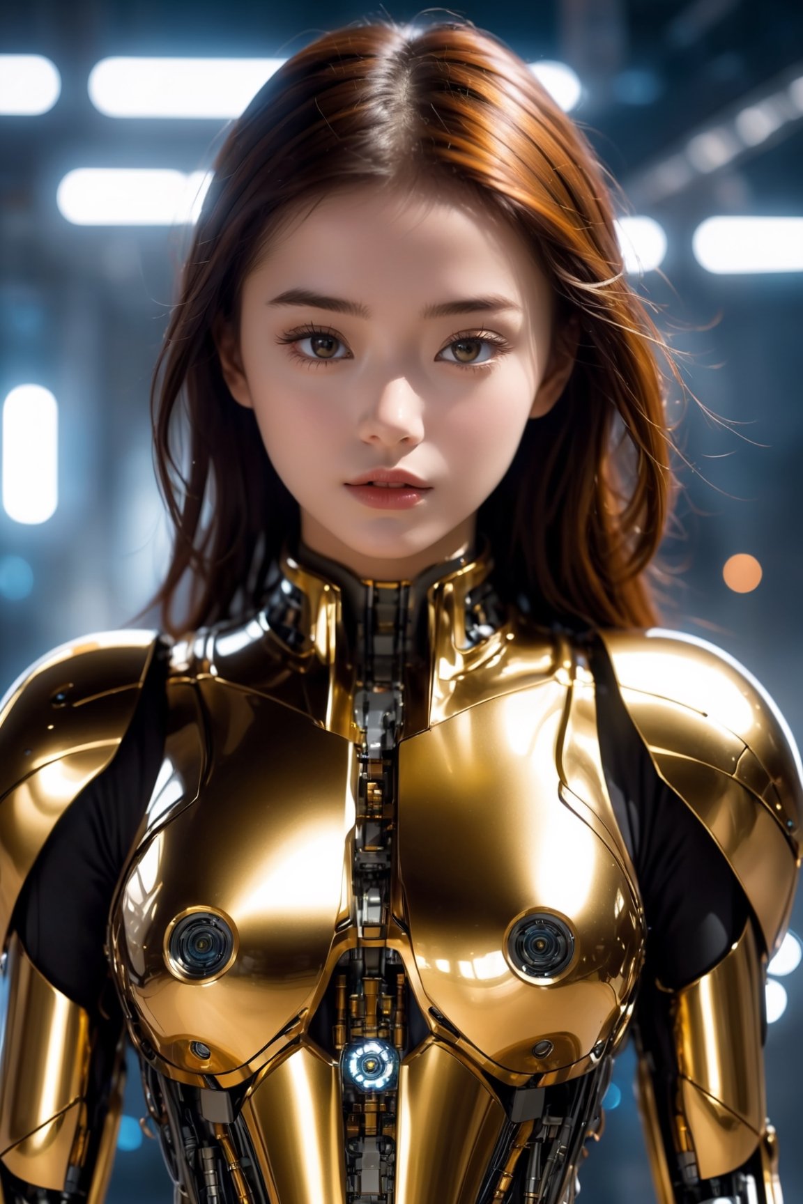 A super unreal girl with a body made of machines in the future world. The metal on her body is golden.