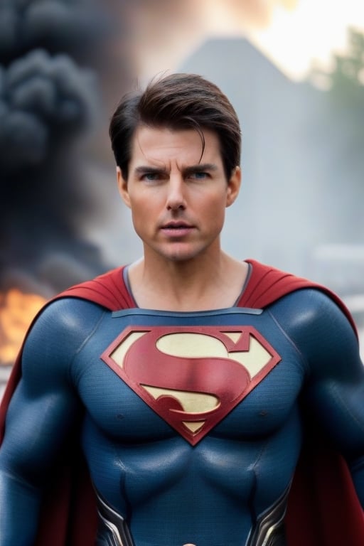 Tom Cruise's muscular body was dressed in a Superman costume while filming a movie. The camera zoomed out and he was blowing cold air from his mouth to extinguish the fire. Highly realistic, facing the fire, surreal,