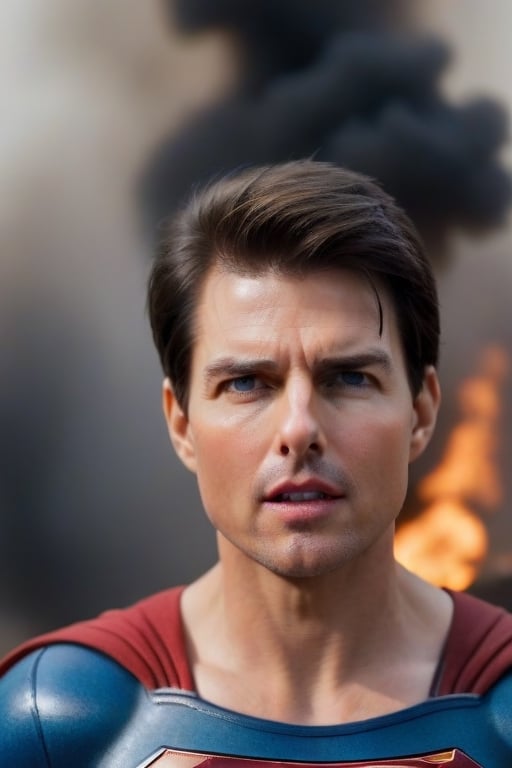 Tom Cruise's muscular body is dressed in a Superman suit. The camera zooms out and he is acting in a Superman movie. He is blowing cold air from his mouth to extinguish the fire at the fire scene. High degree of reality, face towards the fire, rosy skin, surrealism,