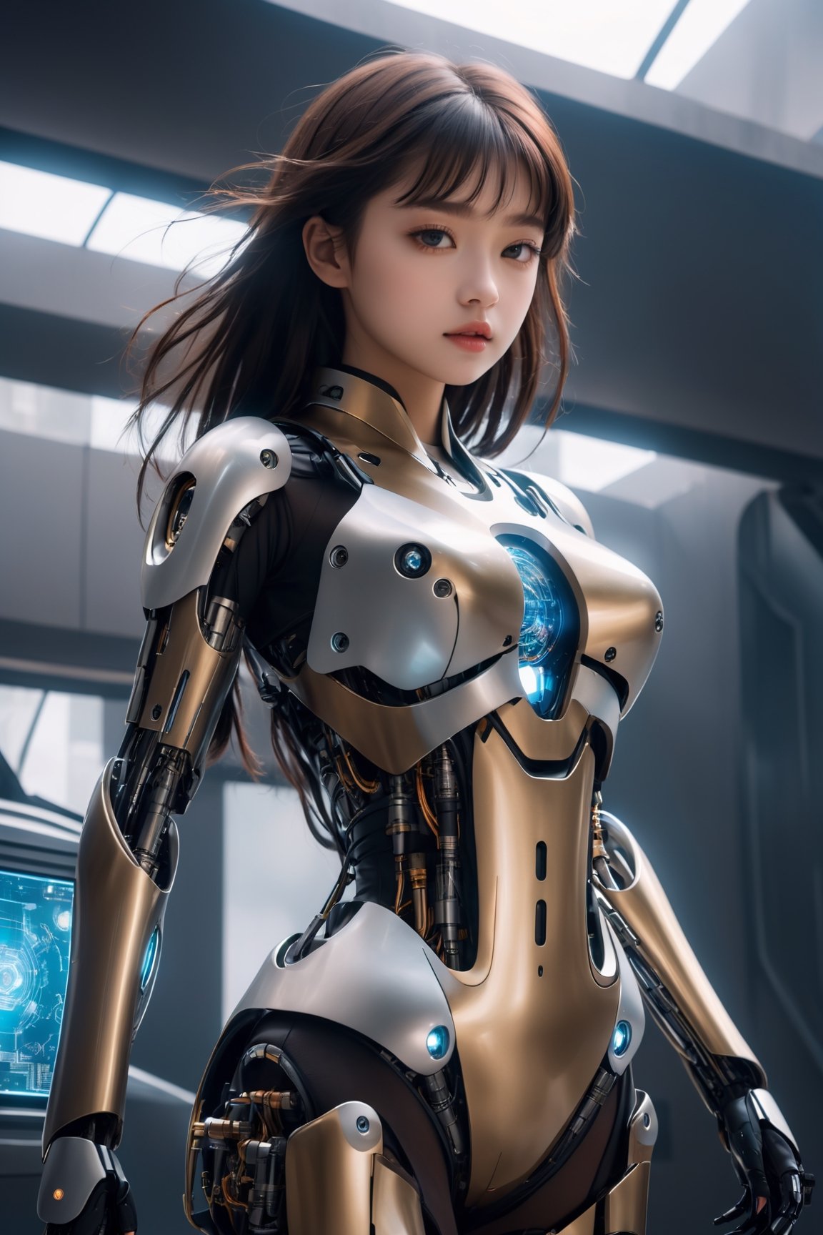 A super unreal girl with a body made of machines in the future world