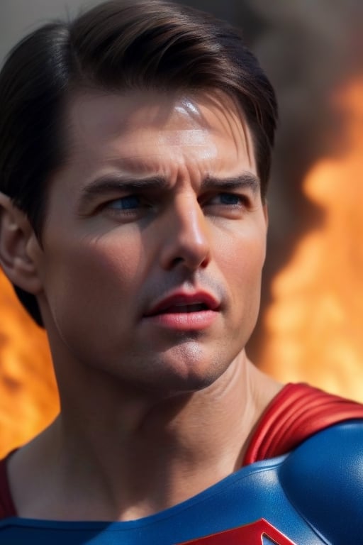 Tom Cruise's muscular body is dressed in a Superman suit for a movie, 8K, the camera zooms out to show Superman blowing cold air from his mouth to extinguish the fire at the fire scene. Highly realistic, facing the fire, surreal,