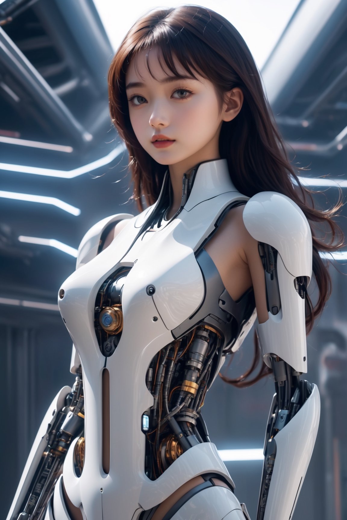 A super unreal girl with a body made of machines in the future world