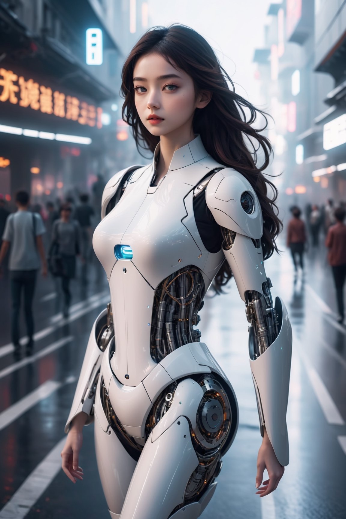 A super unreal girl with a body made of machines in the future world, walking on the road