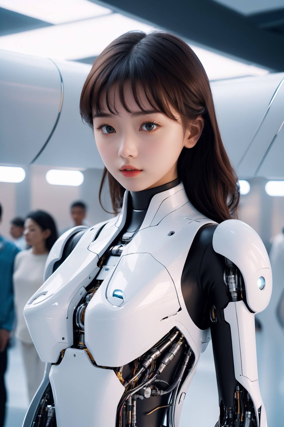 A super unreal girl with a body made of machines in the future world