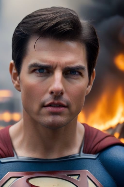 Tom Cruise's muscular body is dressed in a Superman costume for the movie. The camera zooms out to show Superman blowing cold air from his mouth to extinguish the fire at the fire scene. Highly realistic, facing the fire, surreal,