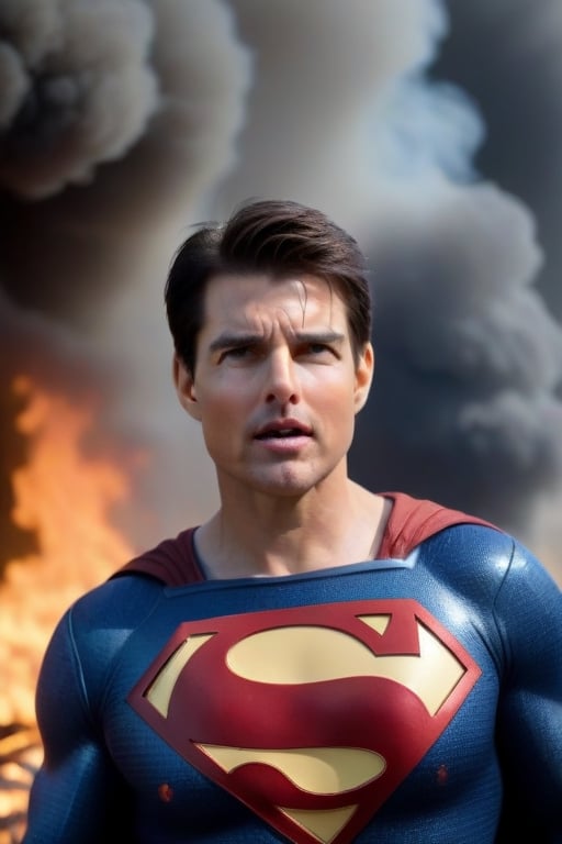 Tom Cruise's muscular body is dressed in a Superman suit. The camera zooms out and he is acting in a Superman movie. He is blowing cold air from his mouth to extinguish the fire at the fire scene. High degree of reality, face towards the fire, rosy skin, surrealism,