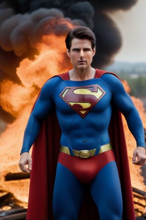 Tom Cruise's muscular body is dressed in a Superman costume for the movie. The camera zooms out to show Superman blowing cold air from his mouth to extinguish the fire at the fire scene. Highly realistic, facing the fire, surreal,